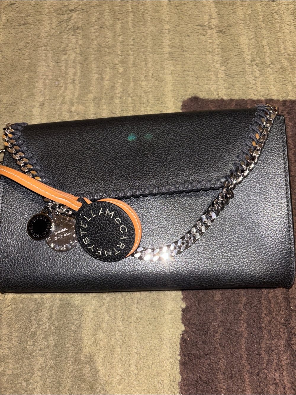 Stella McCartney Black Faux-Leather Chain Clutch with Orange Trim